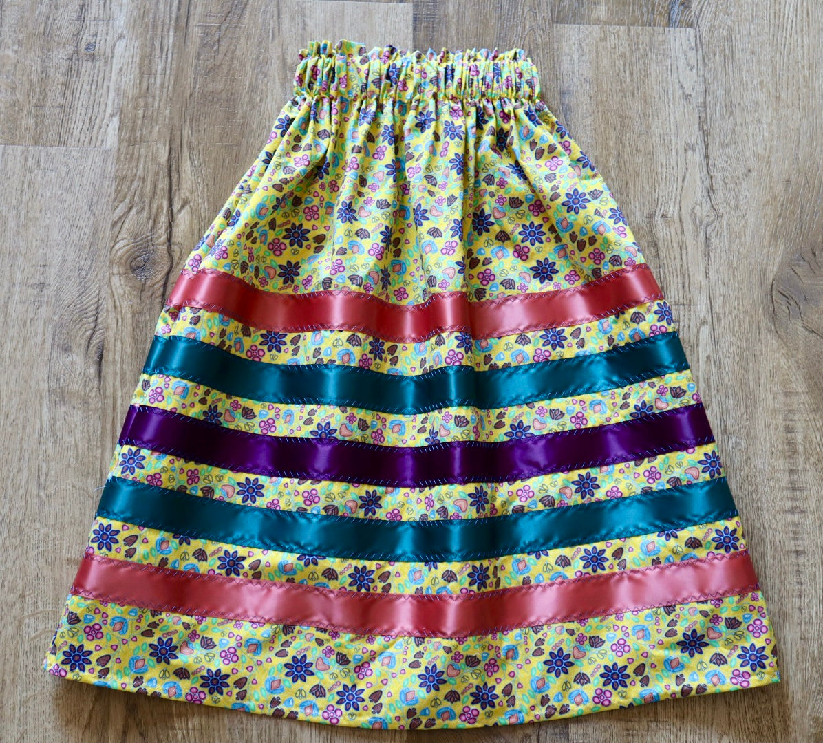 Handmade Ribbon Skirt, Child Size 8-12 Pink Emerald Plum Yellow Sunshine Floral Print Premium Cotton, OOAK Indigenous Made Clothing