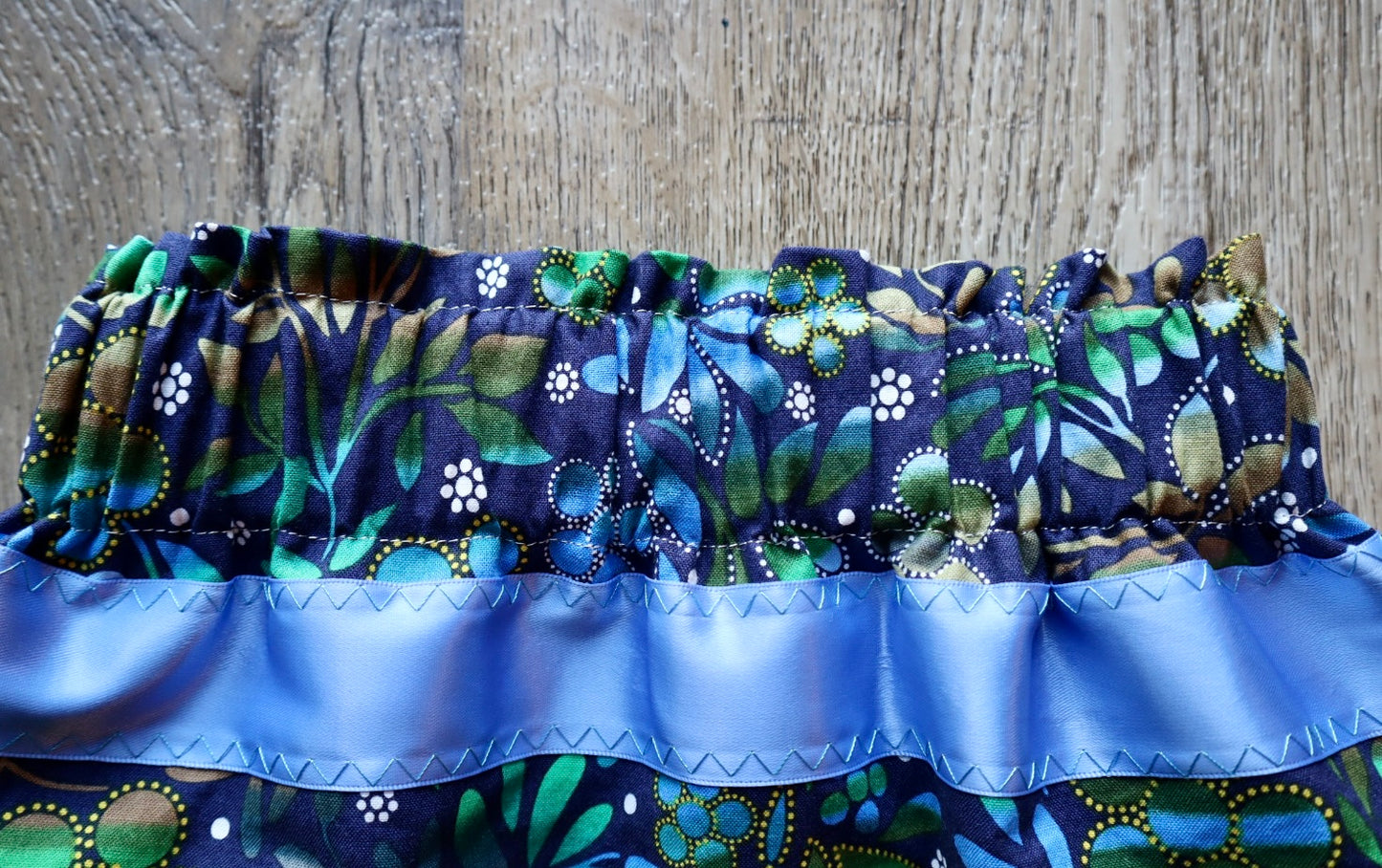 Handmade Infant Ribbon Skirt: Gold and Blue Floral Cotton, 6-12M