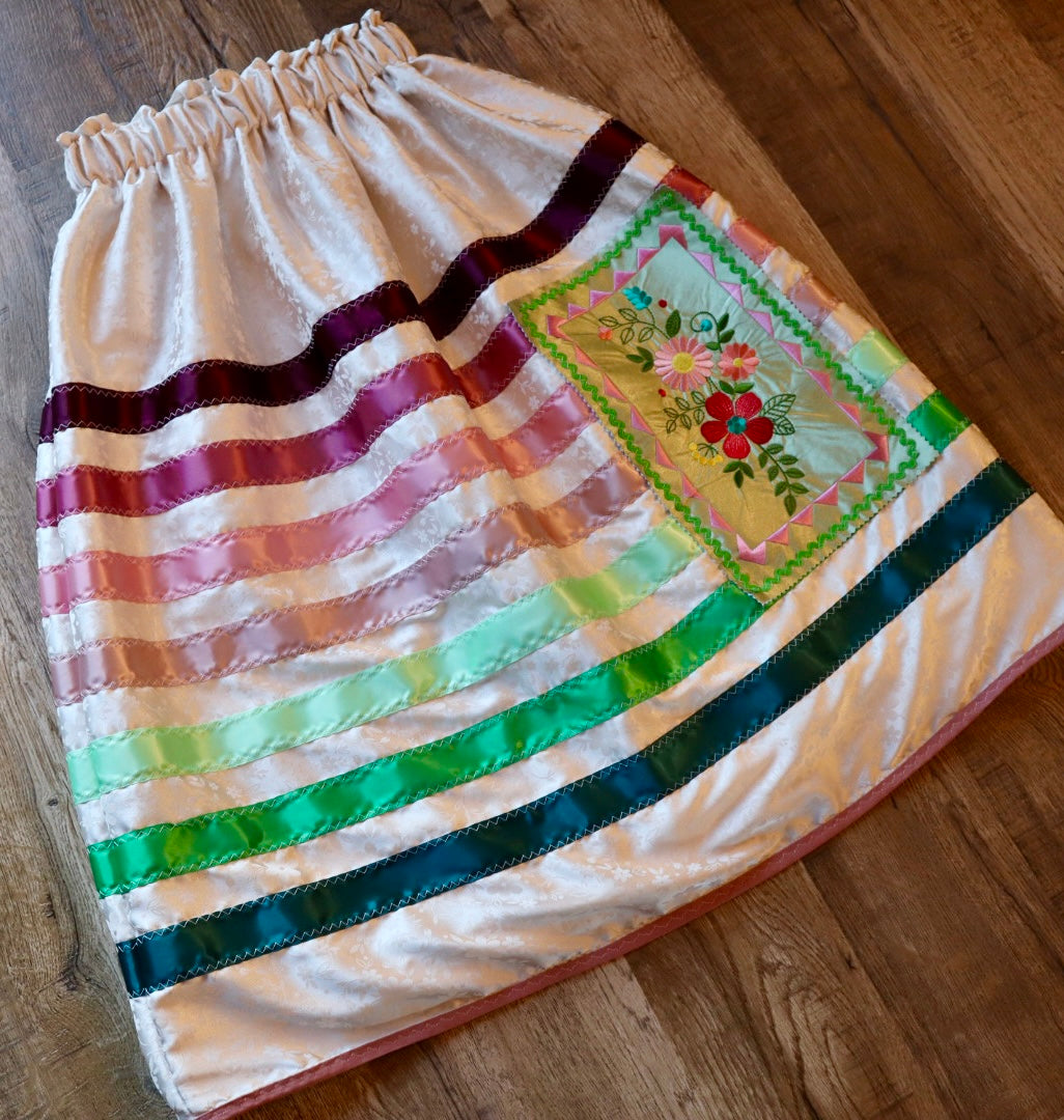 Couture Satin Floral Embroidered Ribbon Skirt Womens White Ivory Fully Lined Pink Green Ombre OOAK Indigenous HandMade Clothing Custom Waist *up to 50 inches* (enter desired waist size “inches” or Dress/Pants size in order notes)