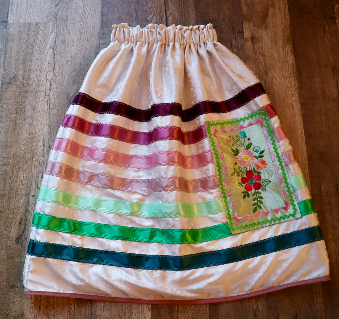 Couture Satin Floral Embroidered Ribbon Skirt Womens White Ivory Fully Lined Pink Green Ombre OOAK Indigenous HandMade Clothing Custom Waist *up to 50 inches* (enter desired waist size “inches” or Dress/Pants size in order notes)