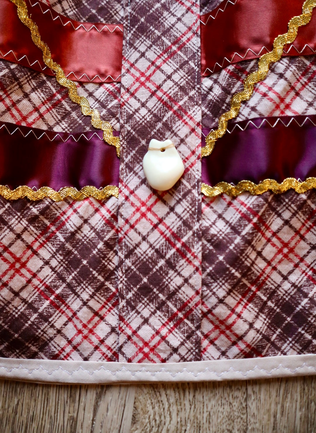 Couture Ribbon Skirt: Brown and Red Plaid Cotton with Faux Elk Teeth “Buttons”*up to 50 inches* (enter desired waist size “inches” or Dress/Pants size in order notes)