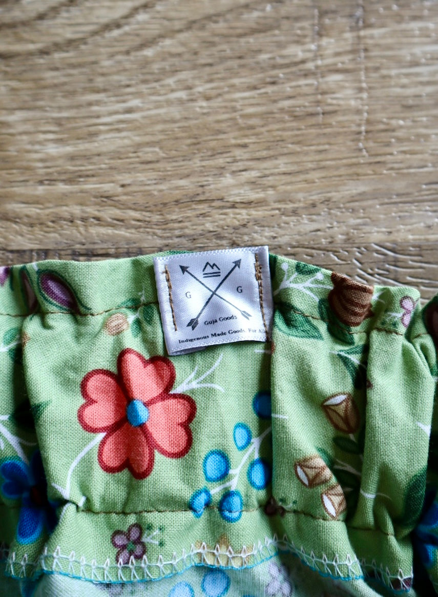 Handmade Ribbon Skirt, Child Size 6-8 Sweetgrass Green Ojibway Floral Print Premium Cotton, OOAK Indigenous Made Clothing