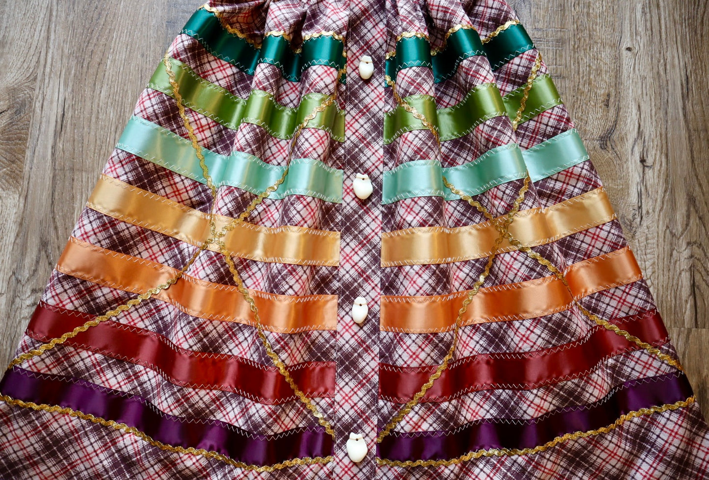 Couture Ribbon Skirt: Brown and Red Plaid Cotton with Faux Elk Teeth “Buttons”*up to 50 inches* (enter desired waist size “inches” or Dress/Pants size in order notes)