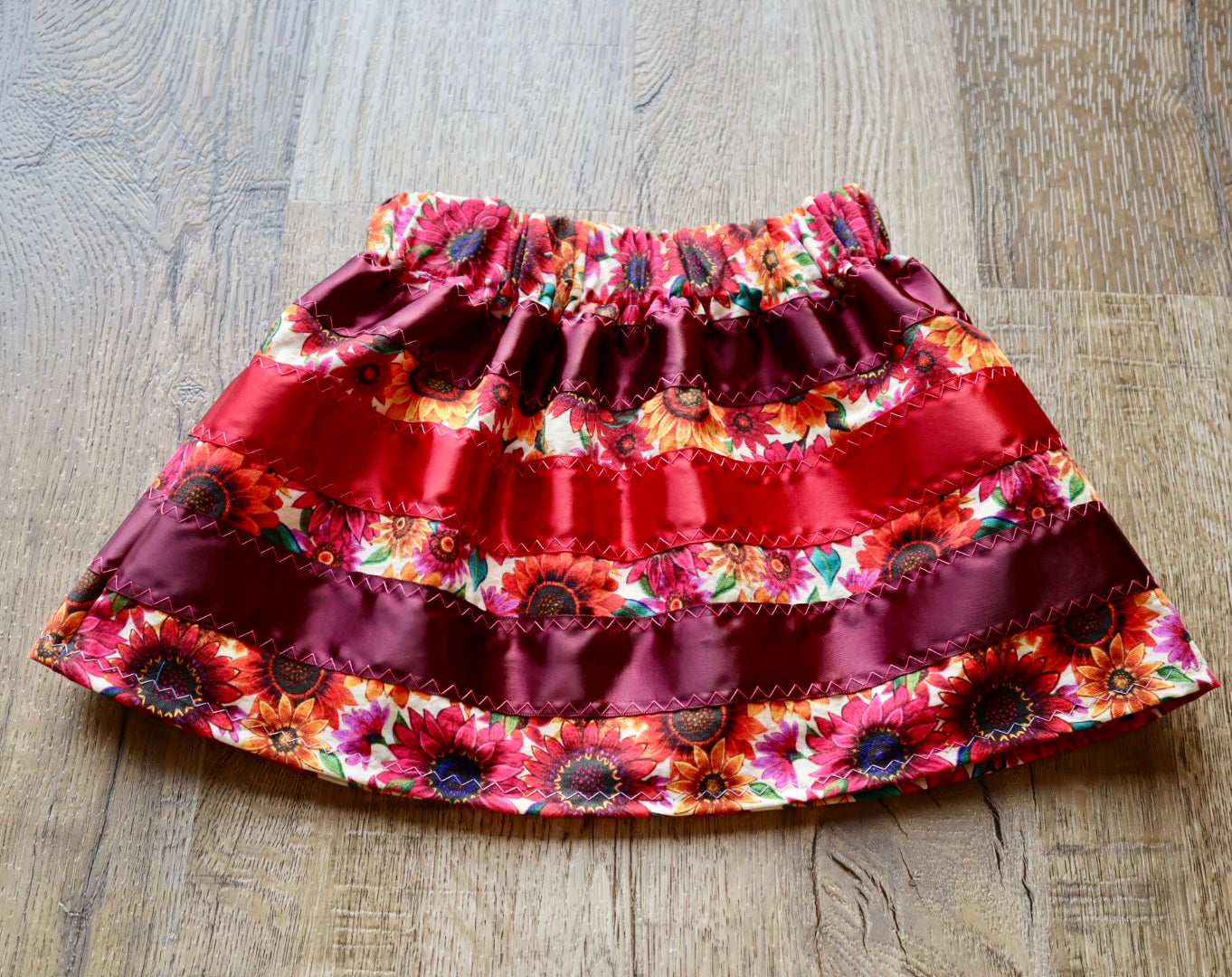 Handmade Infant/Toddler Ribbon Skirt, 6M- 12M Red Sunflower Floral Print Premium Cotton, OOAK Indigenous Made Clothing