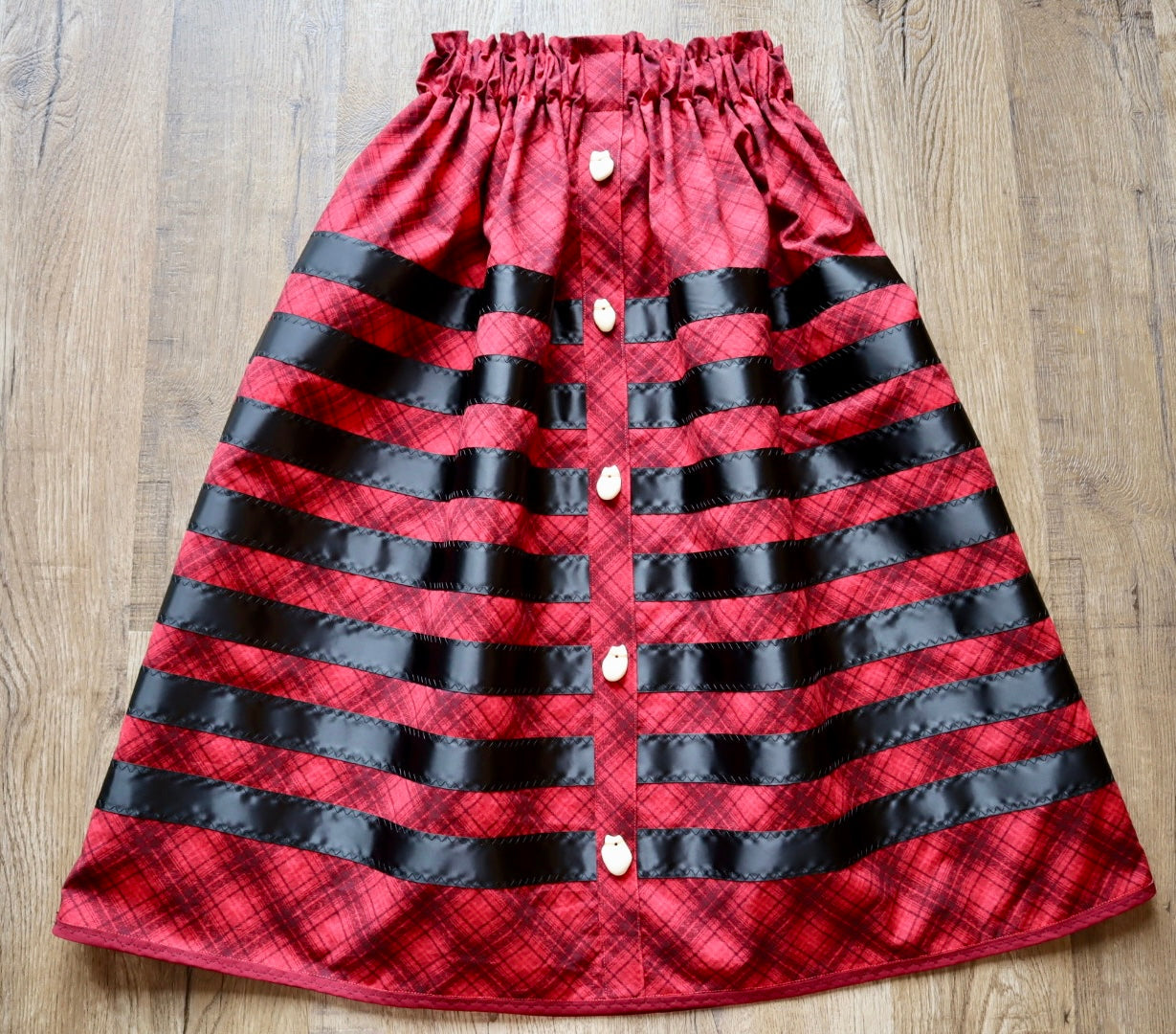 Couture Ribbon Skirt:  Red and Black Plaid Cotton with Faux Elk Teeth “Buttons”*up to 50 inches* (enter desired waist size “inches” or Dress/Pants size in order notes)