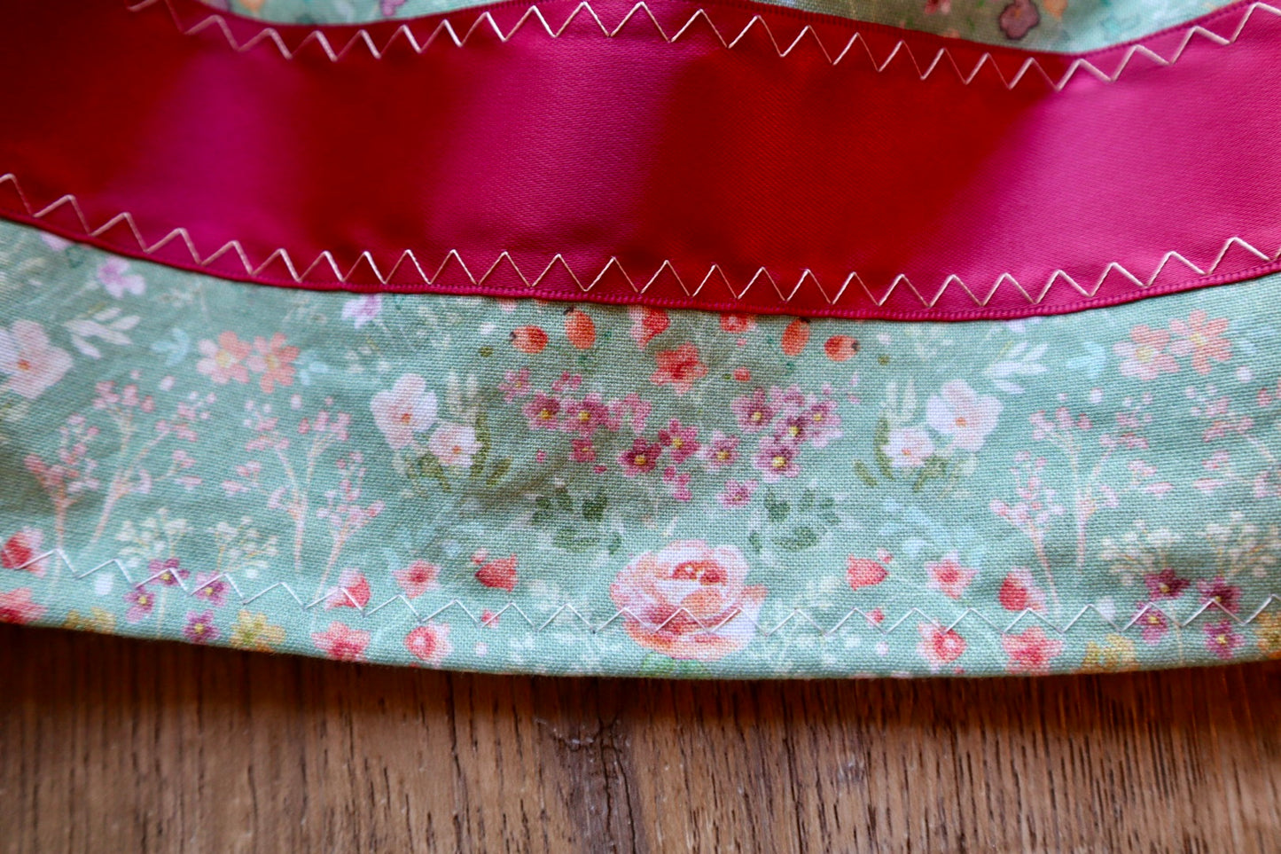 Handmade Infant Ribbon Skirt, Size 9M-18M Pink Ombre Sage Green Floral Print Premium Cotton, OOAK Indigenous Made Clothing