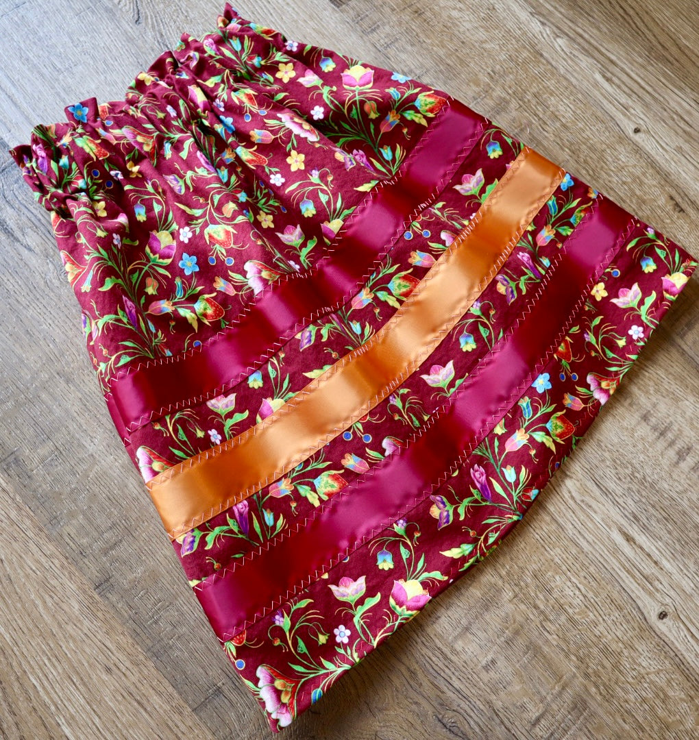 Handmade Ribbon Skirt: Child Size 2-4 Maroon Floral Cotton