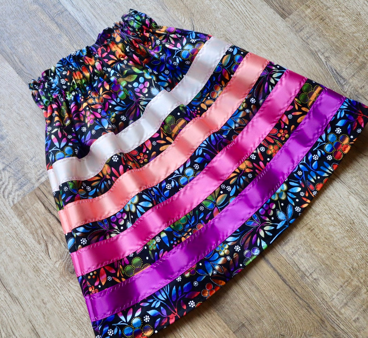 Handmade Ribbon Skirt, Child Size 3-5 Purple Pink Ombre Dark Floral Print Premium Cotton, OOAK Indigenous Made Clothing
