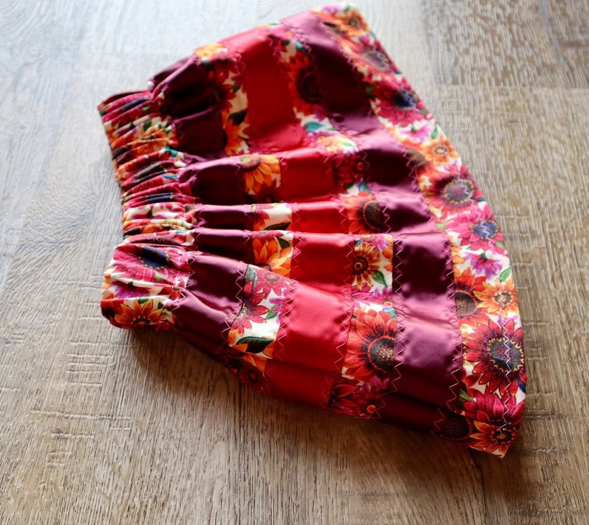 Handmade Infant/Toddler Ribbon Skirt, 6M- 12M Red Sunflower Floral Print Premium Cotton, OOAK Indigenous Made Clothing