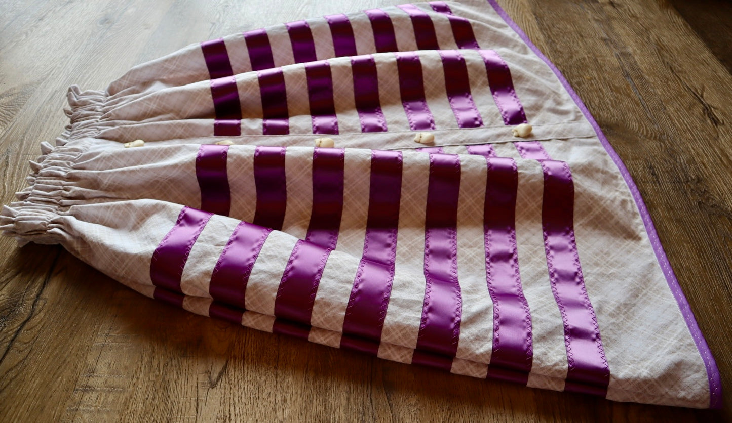 Couture Ribbon Skirt:  Ivory Plaid Cotton with Faux Elk Teeth “Buttons”*up to 50 inches* (enter desired waist size “inches” or Dress/Pants size in order notes)