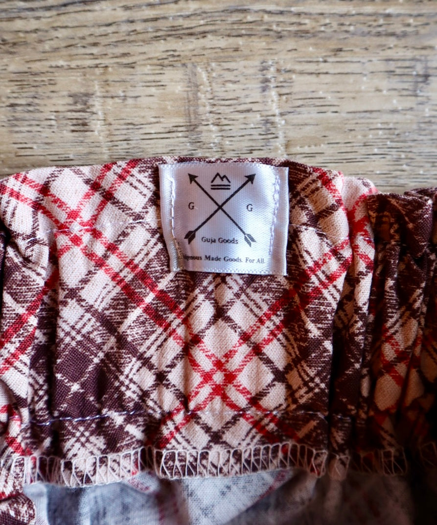 Couture Ribbon Skirt: Brown and Red Plaid Cotton with Faux Elk Teeth “Buttons”*up to 50 inches* (enter desired waist size “inches” or Dress/Pants size in order notes)