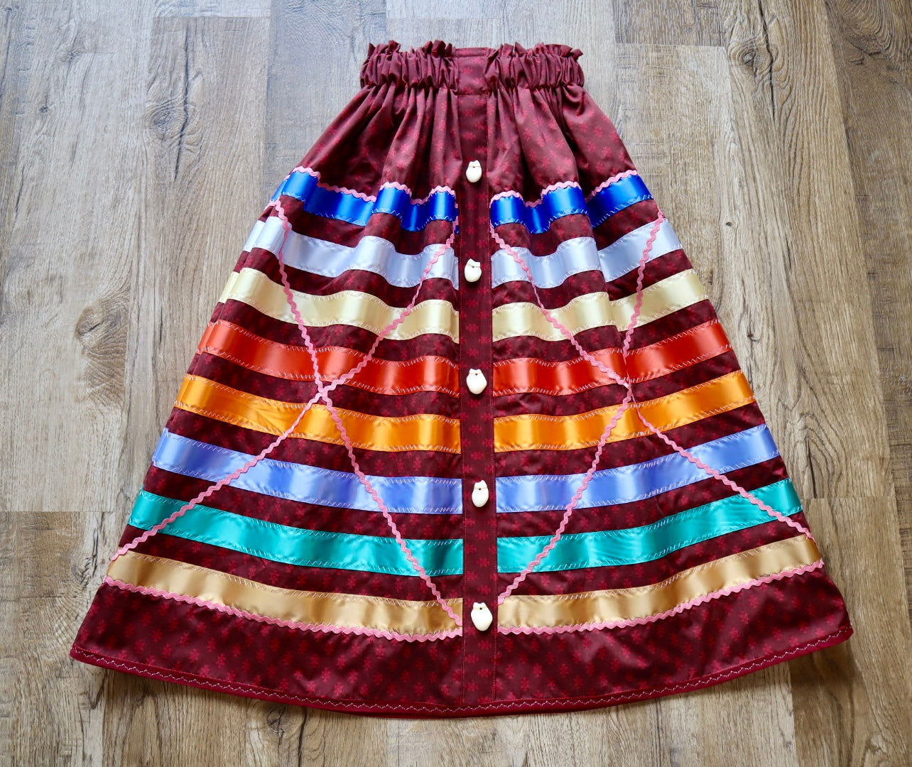 Couture Ribbon Skirt Button Down Pocket Womens Peach RicRac Maroon Geometric Print Cotton Faux Elk Teeth Miscellaneous OOAK Indigenous *up to 50 inches* (enter desired waist size “inches” or Dress/Pants size in order notes)