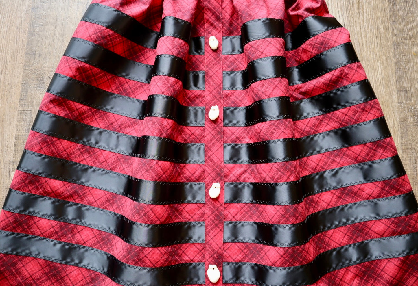 Couture Ribbon Skirt:  Red and Black Plaid Cotton with Faux Elk Teeth “Buttons”*up to 50 inches* (enter desired waist size “inches” or Dress/Pants size in order notes)