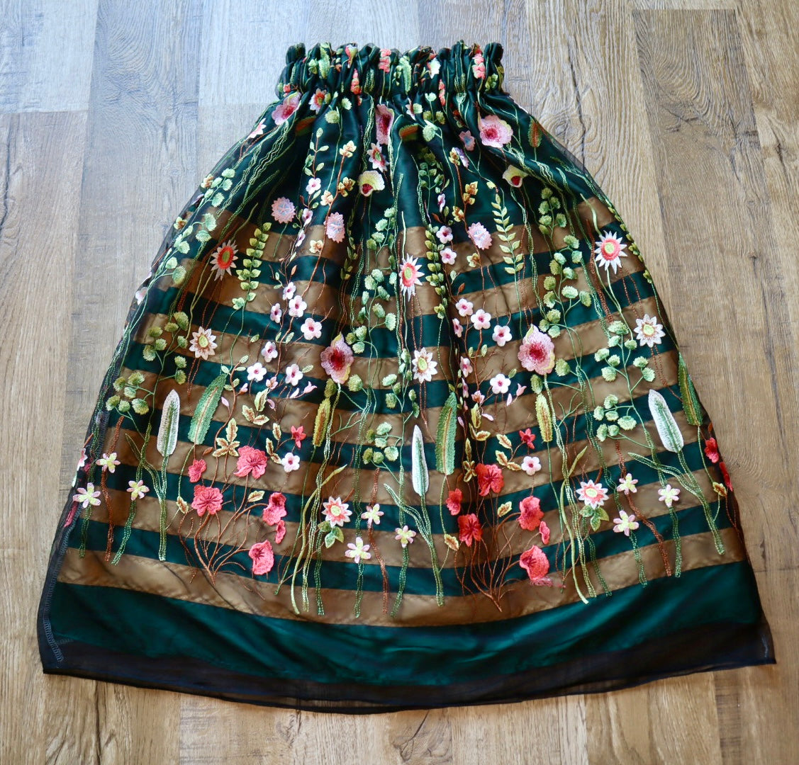 Couture Overlay Ribbon Skirt Women’s Black Embroidered Floral Lace Pine Green Satin All Gold OOAK Indigenous HandMade Clothing Custom Waist *up to 50 inches* (enter desired waist size “inches” or Dress/Pants size in order notes)