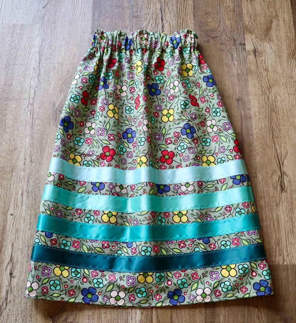 Handmade Ribbon Skirt, Youth Size 8-10 Sage Green Floral Print Premium Cotton, Turquoise Ombre OOAK Indigenous Made Clothing