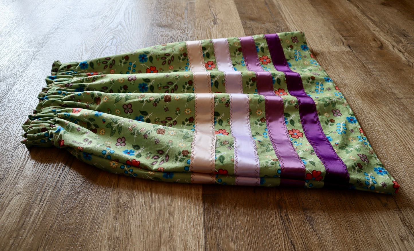Handmade Ribbon Skirt, Child Size 6-8 Sweetgrass Green Ojibway Floral Print Premium Cotton, OOAK Indigenous Made Clothing