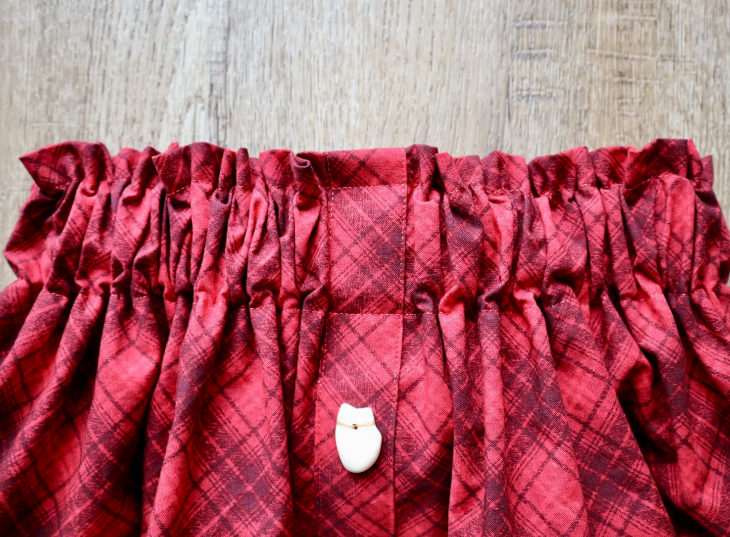 Couture Ribbon Skirt:  Red and Black Plaid Cotton with Faux Elk Teeth “Buttons”*up to 50 inches* (enter desired waist size “inches” or Dress/Pants size in order notes)