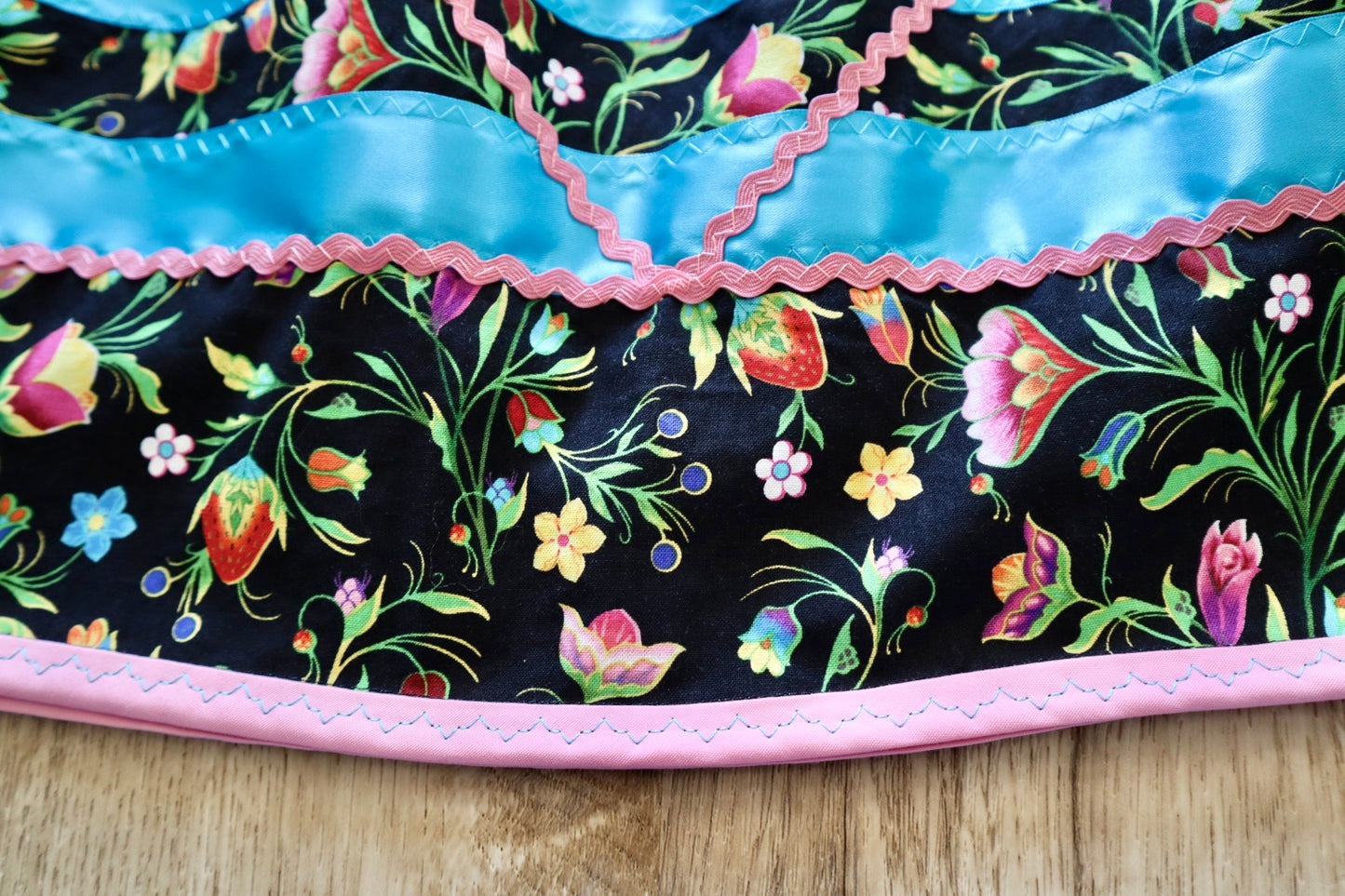 Couture Ribbon Pocket Womens Side Fringe Gold RicRac Black Strawberry Floral Print Premium Cotton Turquoise Pink OOAK Indigenous HandMade *up to 50 inches* (enter desired waist size “inches” or Dress/Pants size in order notes)