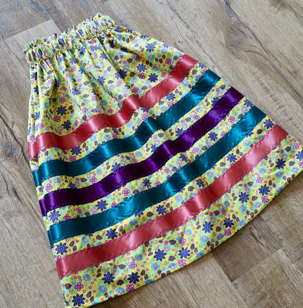 Handmade Ribbon Skirt, Child Size 8-12 Pink Emerald Plum Yellow Sunshine Floral Print Premium Cotton, OOAK Indigenous Made Clothing