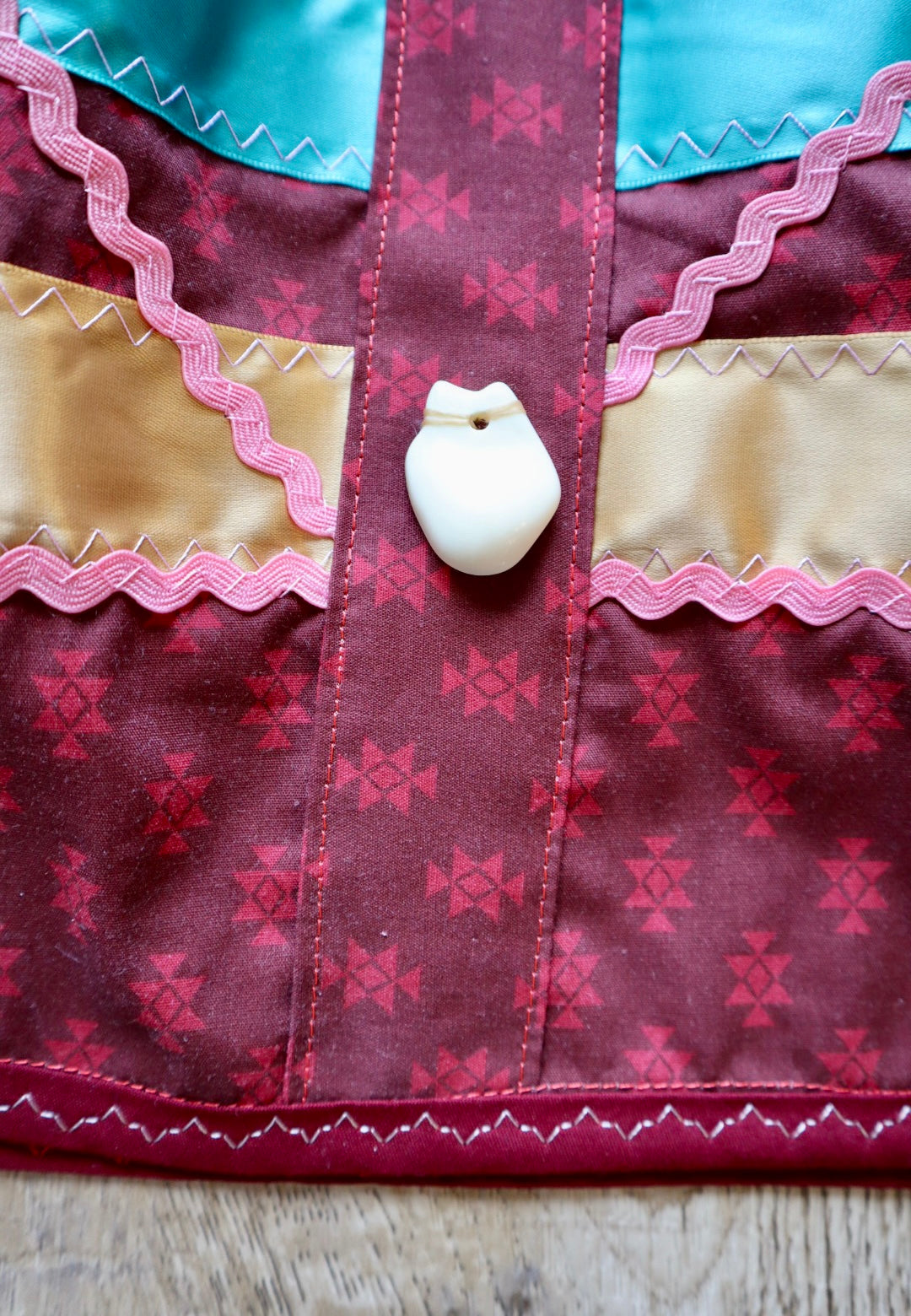 Couture Ribbon Skirt Button Down Pocket Womens Peach RicRac Maroon Geometric Print Cotton Faux Elk Teeth Miscellaneous OOAK Indigenous *up to 50 inches* (enter desired waist size “inches” or Dress/Pants size in order notes)