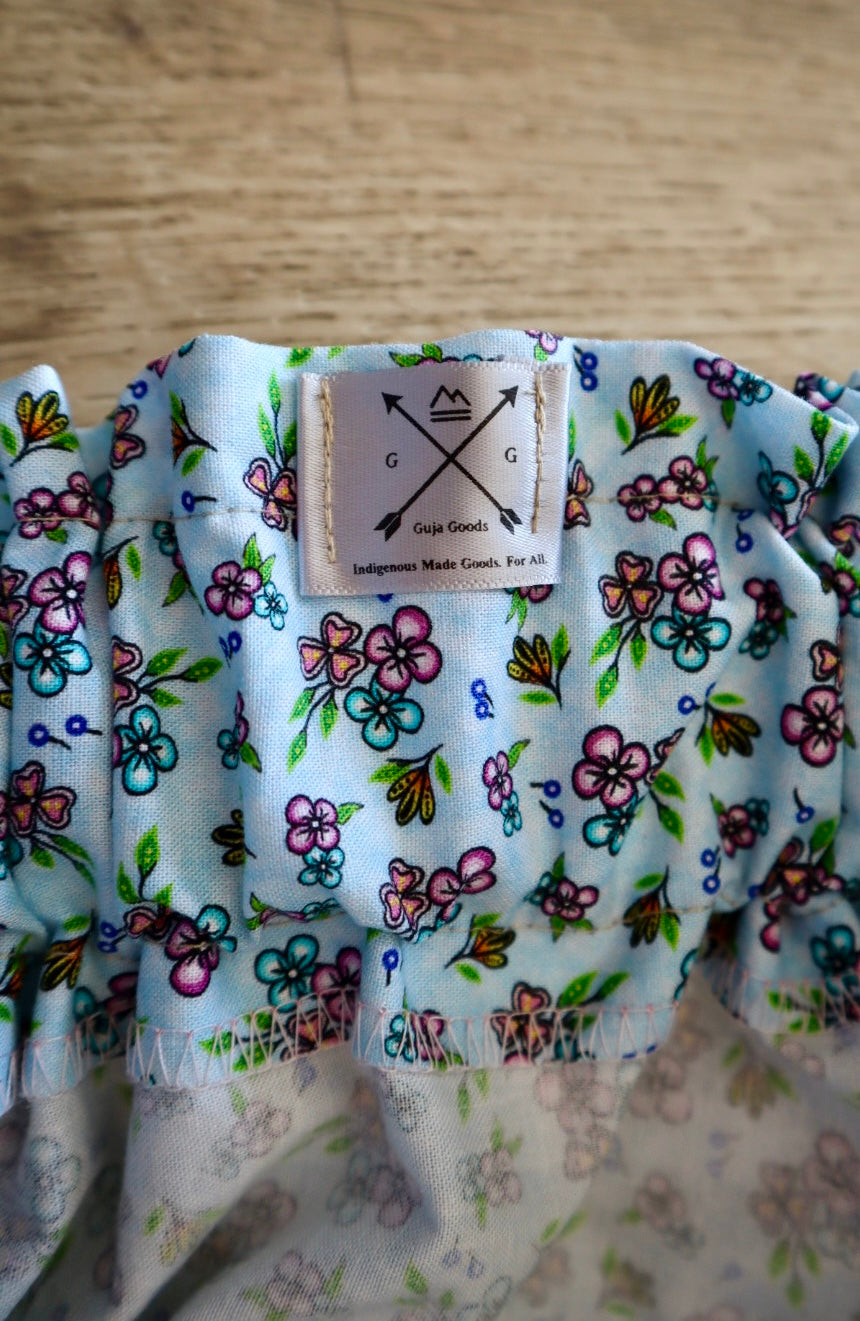 Couture Embroidered Pony Ribbon Skirt Pockets Womens Blue Floral Premium Cotton Fire Water Colours OOAK Indigenous HandMade *up to 50 inches* (enter desired sizes waist size “inches” or Dress/Pants size in order notes)