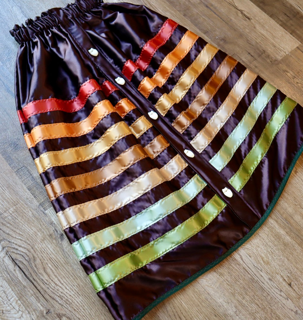 Couture Satin Ribbon Skirt: Dark Chocolate, Earth Tones with Faux Elk Teeth *up to 50 inches* (enter desired waist size “inches” or Dress/Pants size in order notes)