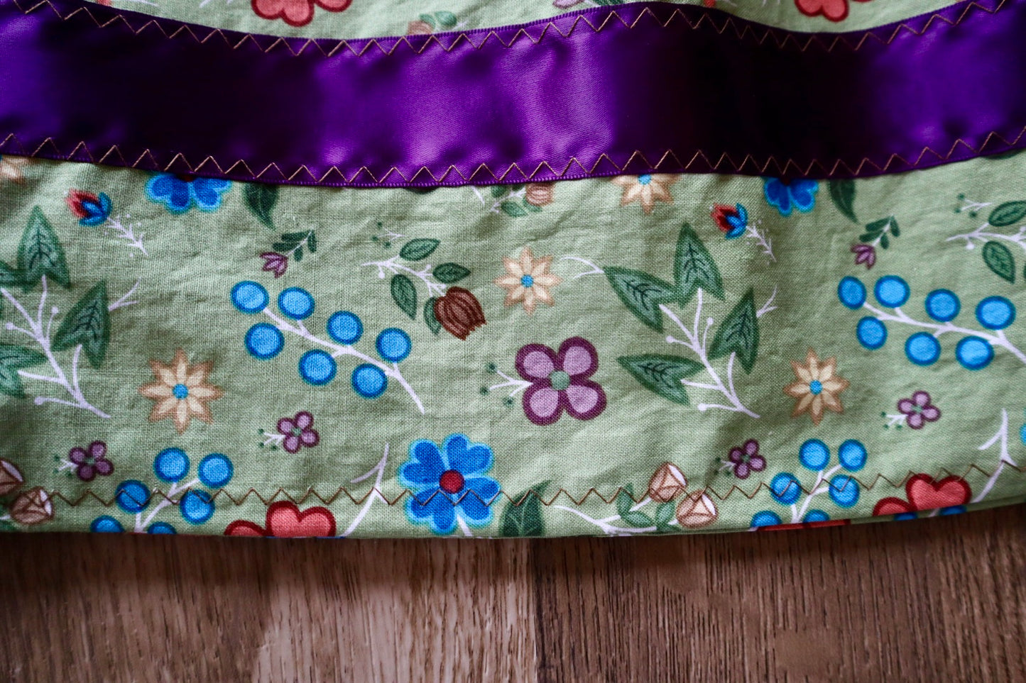 Handmade Ribbon Skirt, Child Size 6-8 Sweetgrass Green Ojibway Floral Print Premium Cotton, OOAK Indigenous Made Clothing