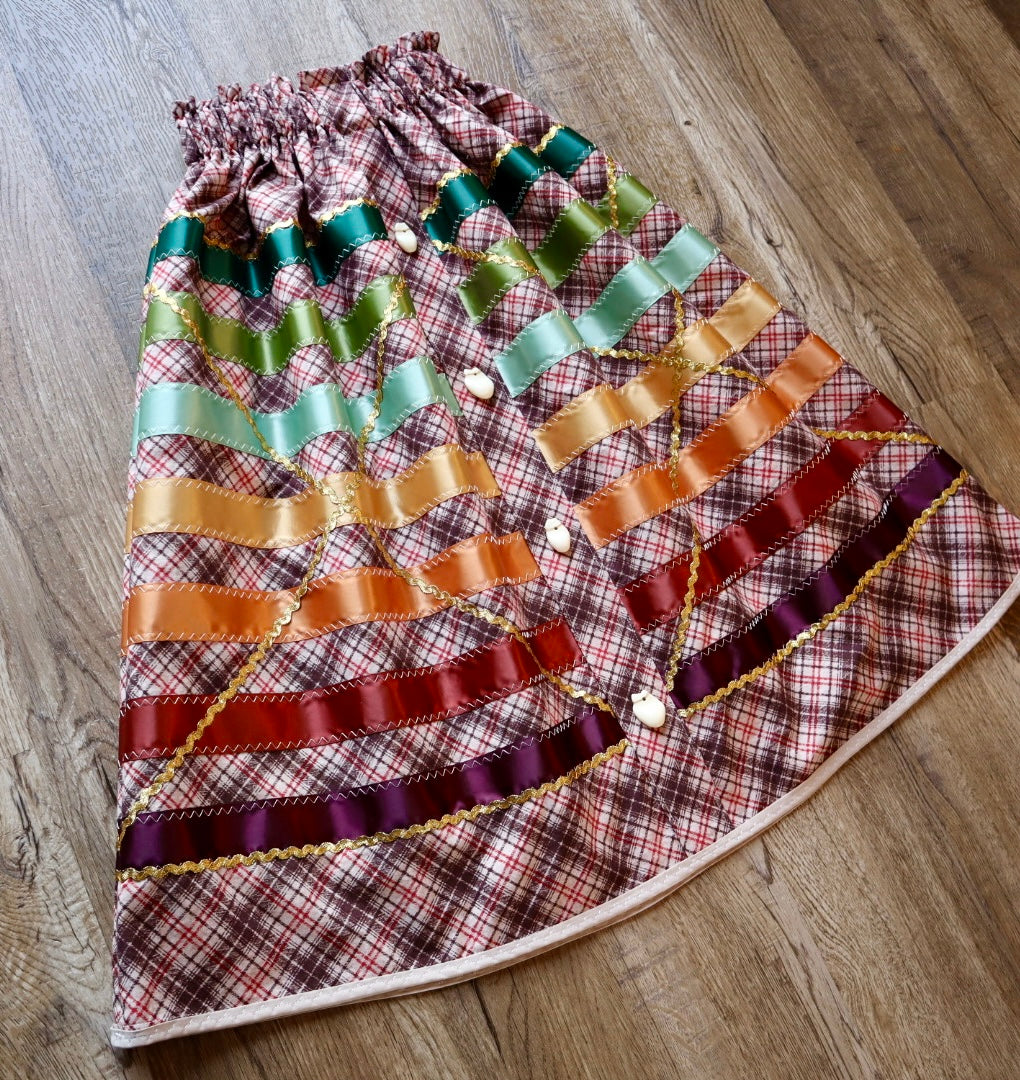 Couture Ribbon Skirt: Brown and Red Plaid Cotton with Faux Elk Teeth “Buttons”*up to 50 inches* (enter desired waist size “inches” or Dress/Pants size in order notes)