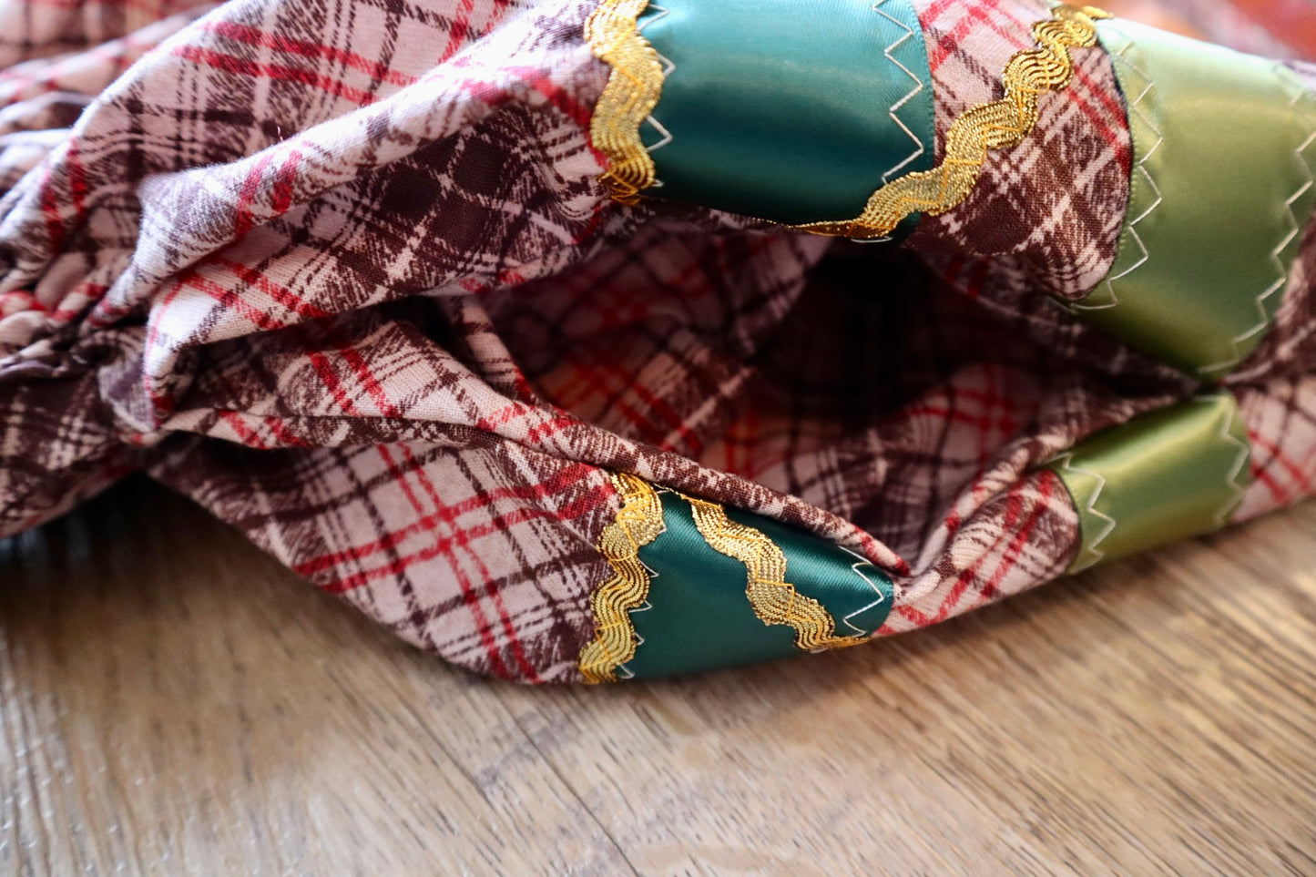 Couture Ribbon Skirt: Brown and Red Plaid Cotton with Faux Elk Teeth “Buttons”*up to 50 inches* (enter desired waist size “inches” or Dress/Pants size in order notes)