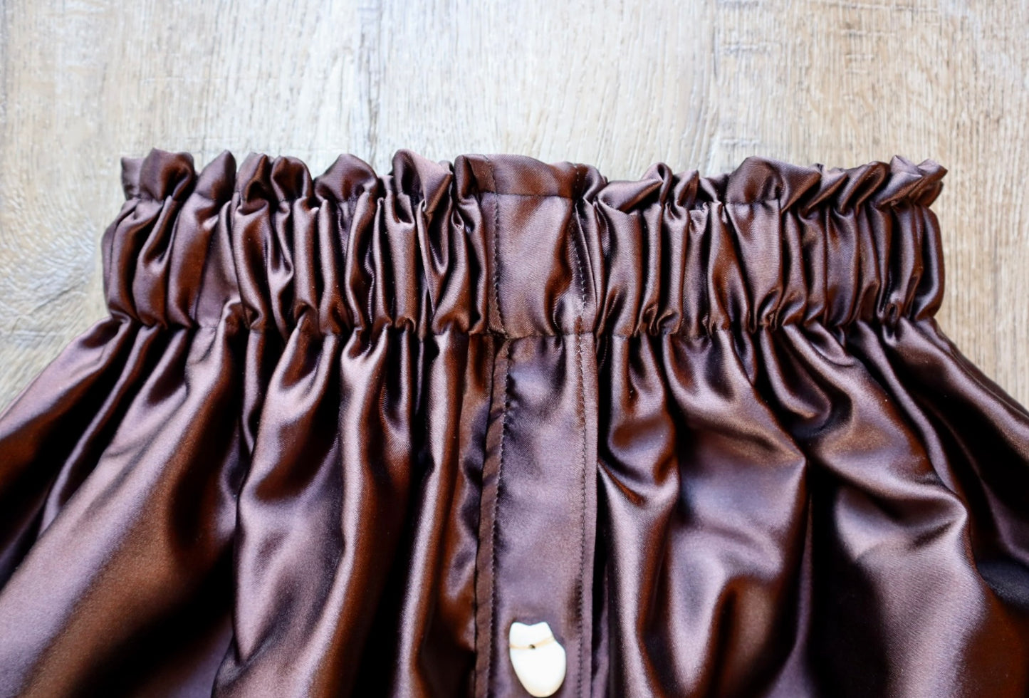 Couture Satin Ribbon Skirt: Dark Chocolate, Earth Tones with Faux Elk Teeth *up to 50 inches* (enter desired waist size “inches” or Dress/Pants size in order notes)