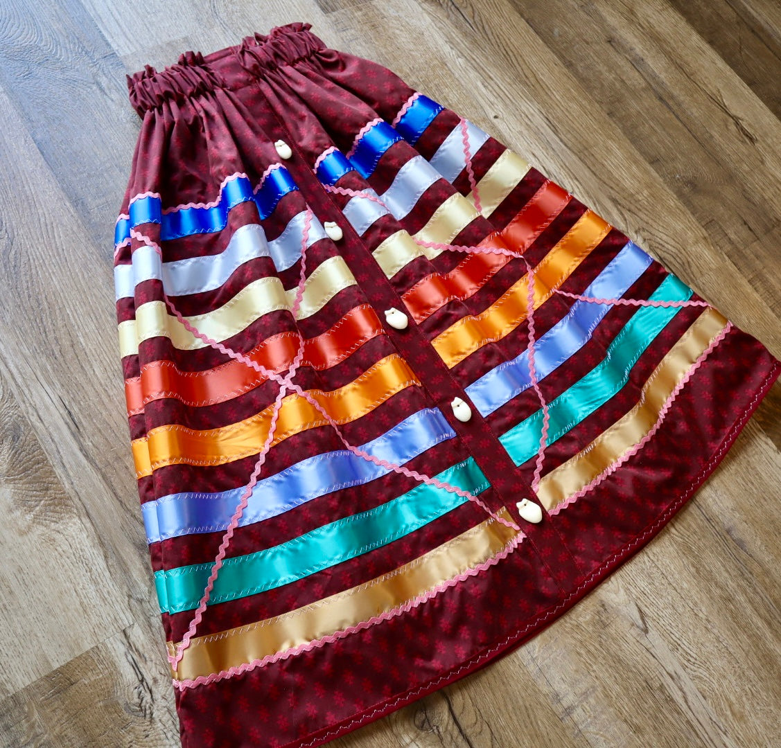 Couture Ribbon Skirt Button Down Pocket Womens Peach RicRac Maroon Geometric Print Cotton Faux Elk Teeth Miscellaneous OOAK Indigenous *up to 50 inches* (enter desired waist size “inches” or Dress/Pants size in order notes)