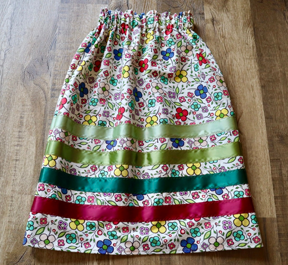Handmade Ribbon Skirt, Child Size 7-9 Ivory Rose Green Floral Print Premium Cotton, OOAK Indigenous Made Clothing