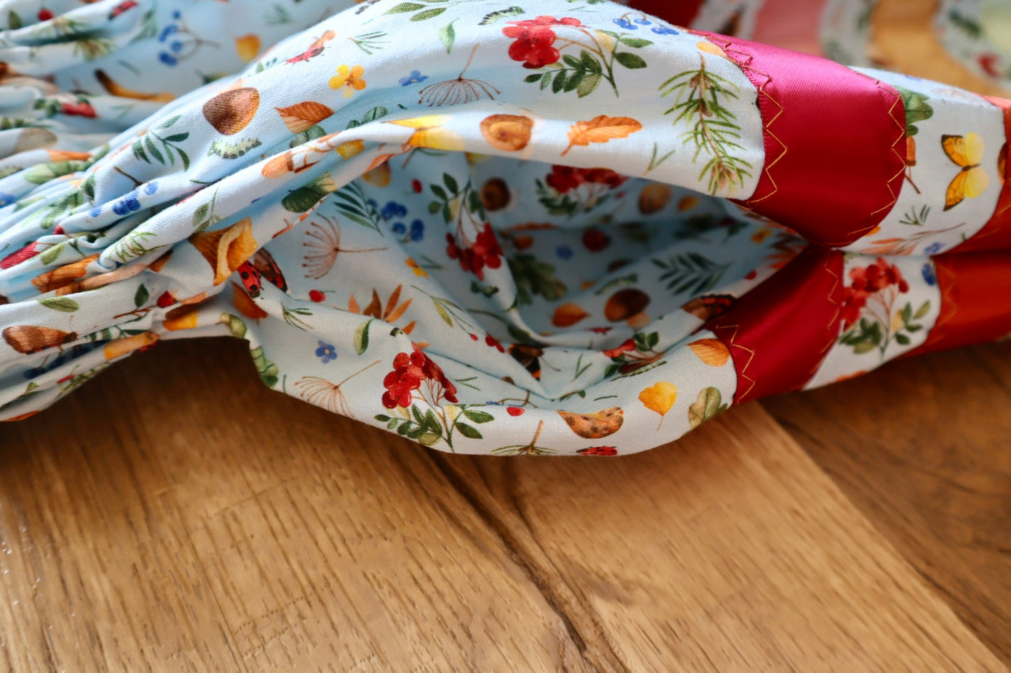 Couture Appliqué Ribbon Skirt Red Fox Pockets Womens Woods Floral Sky Blue Print Premium Cotton OOAK Indigenous HandMade Clothing CustomWaist *up to 50 inches* (enter desired waist size “inches” or Dress/Pants size in order notes)