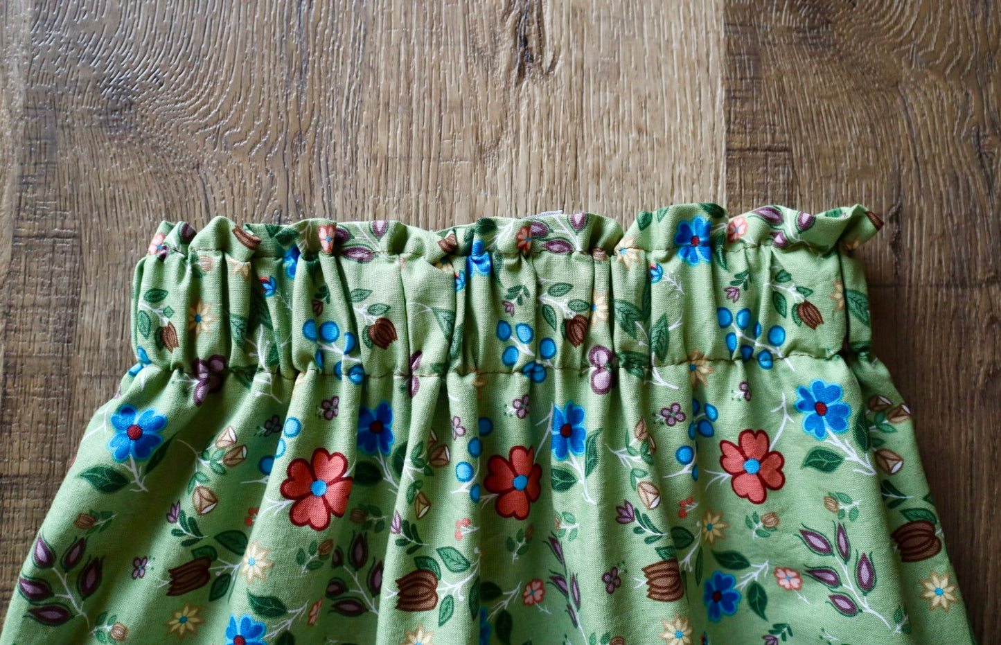 Handmade Ribbon Skirt, Child Size 6-8 Sweetgrass Green Ojibway Floral Print Premium Cotton, OOAK Indigenous Made Clothing
