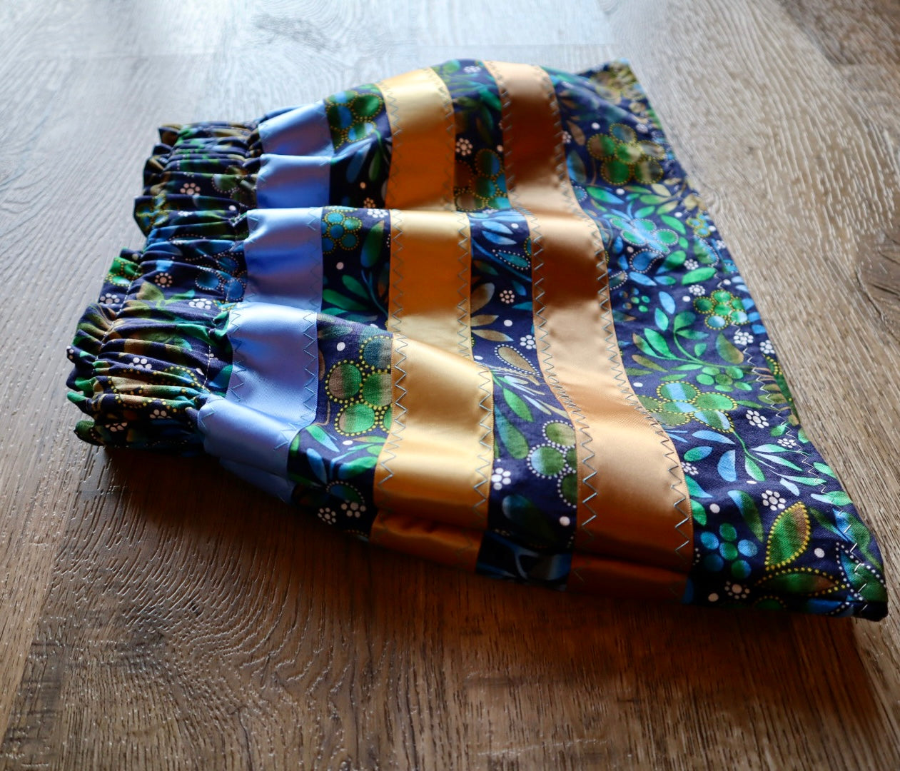 Handmade Infant Ribbon Skirt: Gold and Blue Floral Cotton, 6-12M