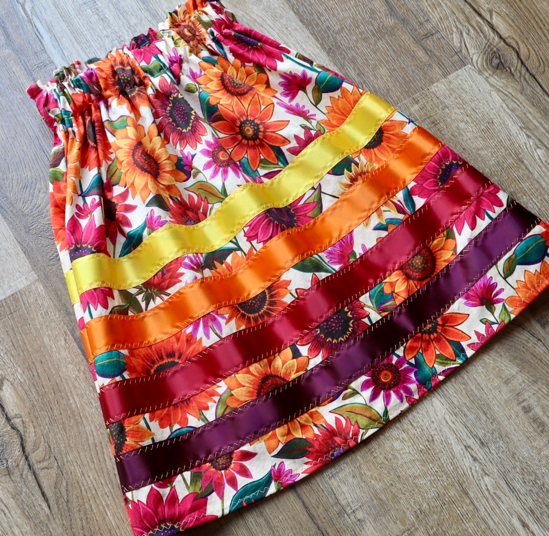 Handmade Ribbon Skirt, Child Size 6-8 Maroon Orange Ombre Oversized Sunflower Floral Print Premium Cotton, OOAK Indigenous Made Clothing
