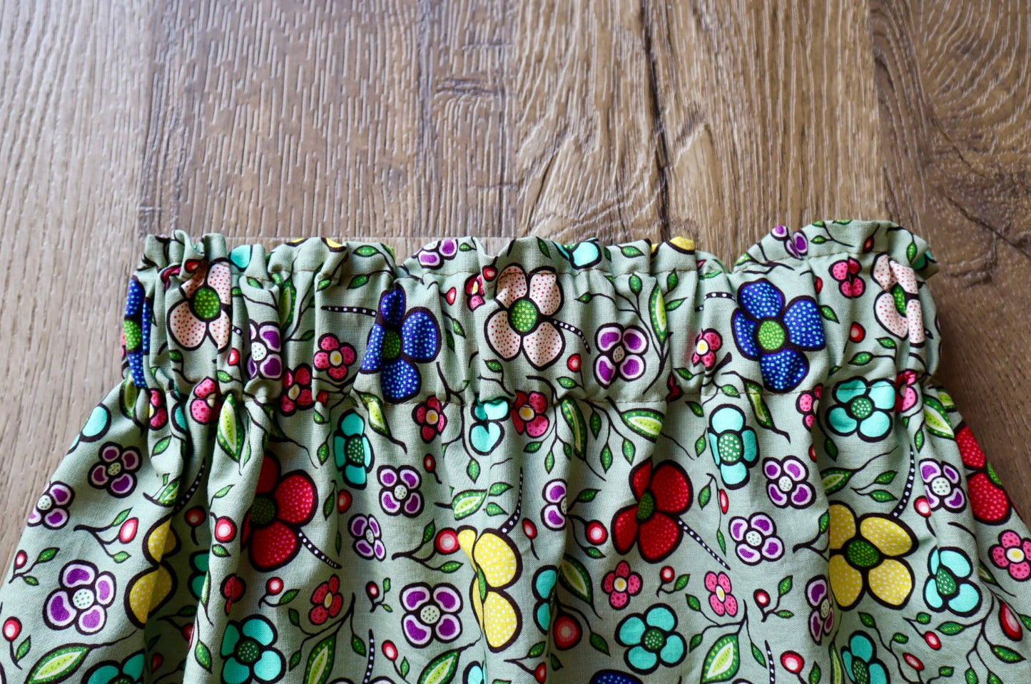 Handmade Ribbon Skirt, Youth Size 8-10 Sage Green Floral Print Premium Cotton, Turquoise Ombre OOAK Indigenous Made Clothing