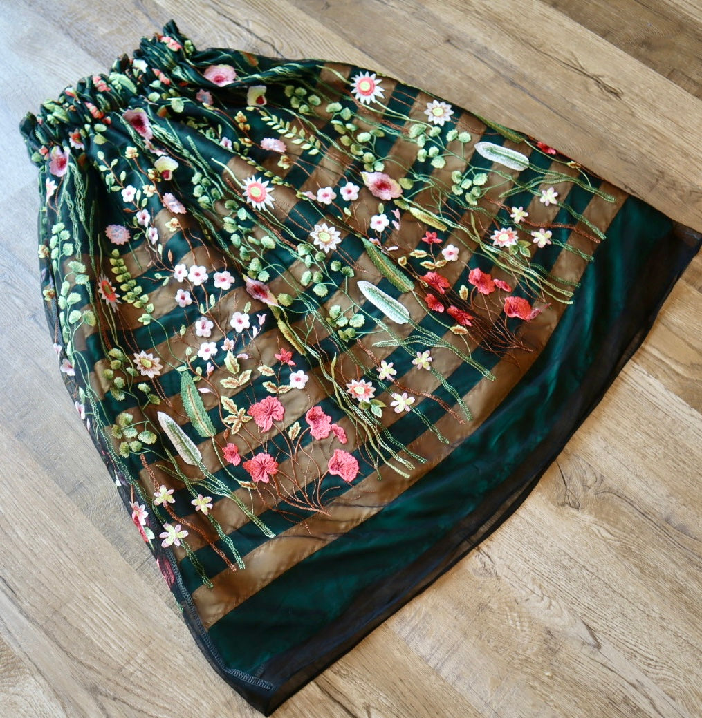 Couture Overlay Ribbon Skirt Women’s Black Embroidered Floral Lace Pine Green Satin All Gold OOAK Indigenous HandMade Clothing Custom Waist *up to 50 inches* (enter desired waist size “inches” or Dress/Pants size in order notes)