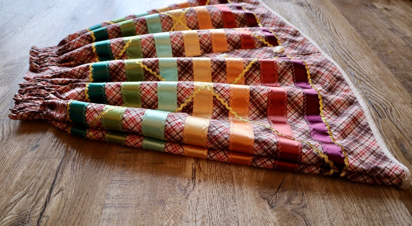 Couture Ribbon Skirt: Brown and Red Plaid Cotton with Faux Elk Teeth “Buttons”*up to 50 inches* (enter desired waist size “inches” or Dress/Pants size in order notes)