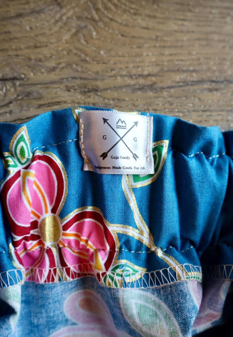 Handmade Ceremony, Casual Ribbon Skirt: Fire Tones, Blue Indigenous Floral Print, Custom Waist *up to 50 inches* (enter desired sizes waist size “inches” or Dress/Pants size in order notes)