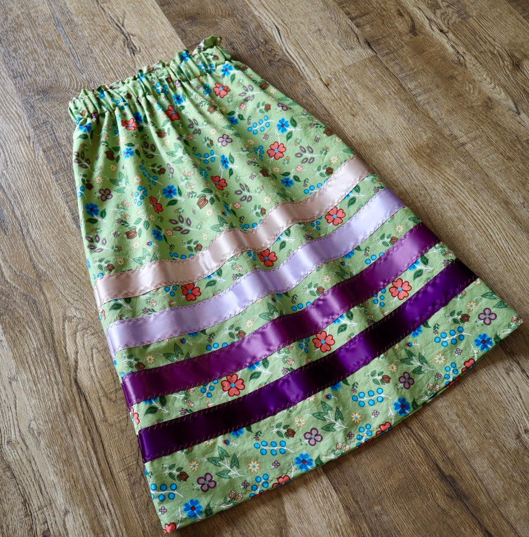 Handmade Ribbon Skirt, Child Size 6-8 Sweetgrass Green Ojibway Floral Print Premium Cotton, OOAK Indigenous Made Clothing
