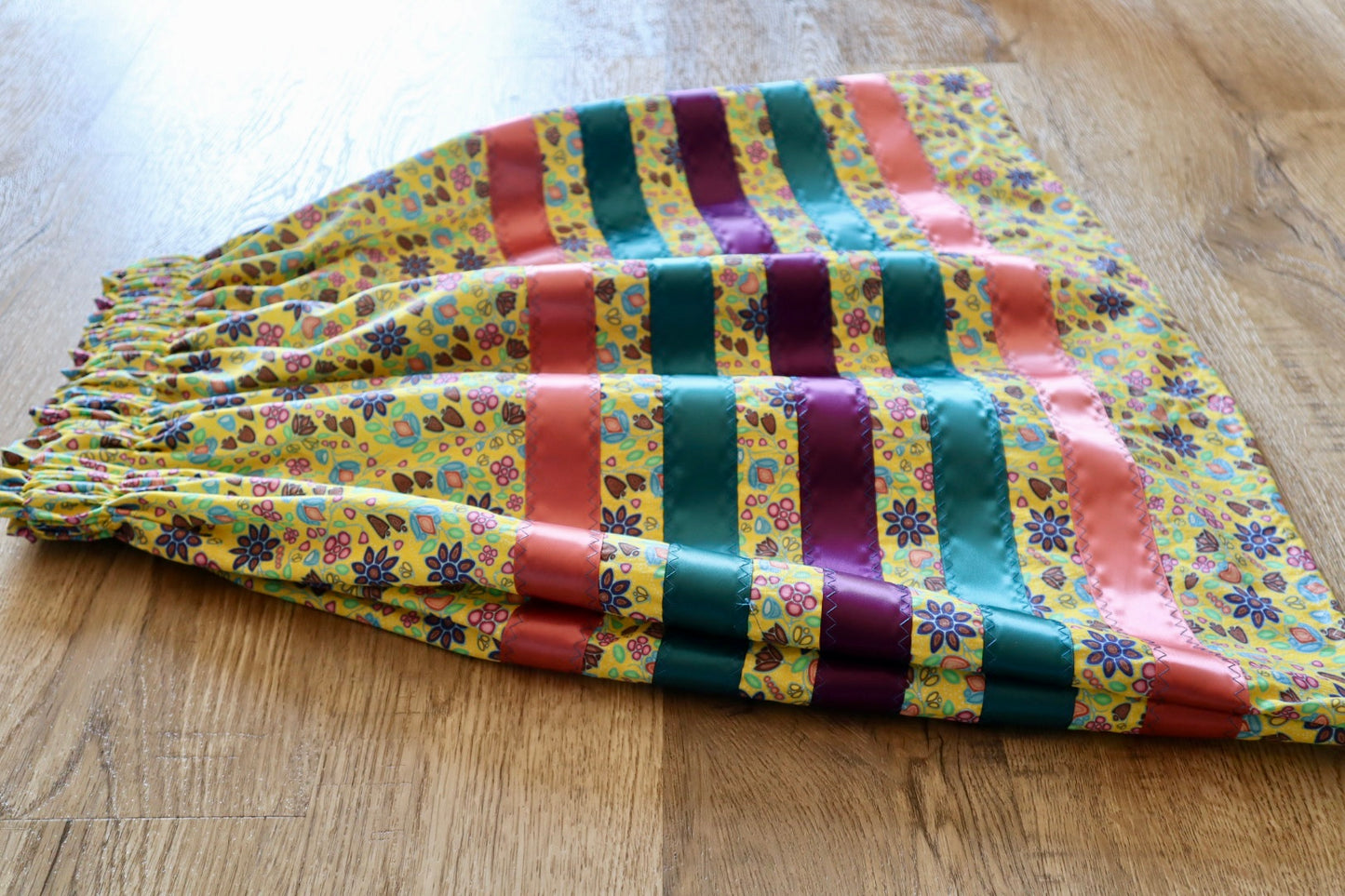 Handmade Ribbon Skirt, Child Size 8-12 Pink Emerald Plum Yellow Sunshine Floral Print Premium Cotton, OOAK Indigenous Made Clothing