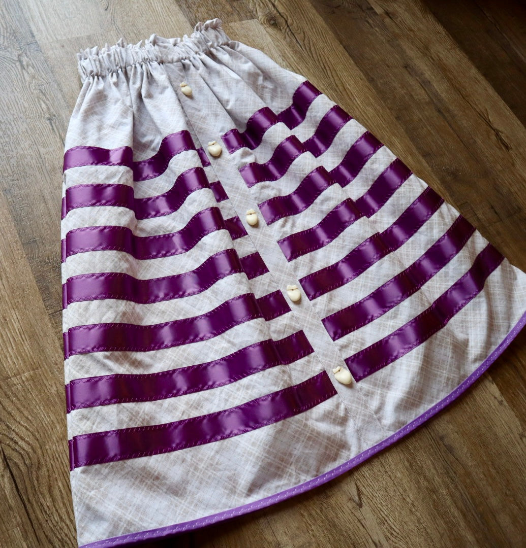 Couture Ribbon Skirt:  Ivory Plaid Cotton with Faux Elk Teeth “Buttons”*up to 50 inches* (enter desired waist size “inches” or Dress/Pants size in order notes)