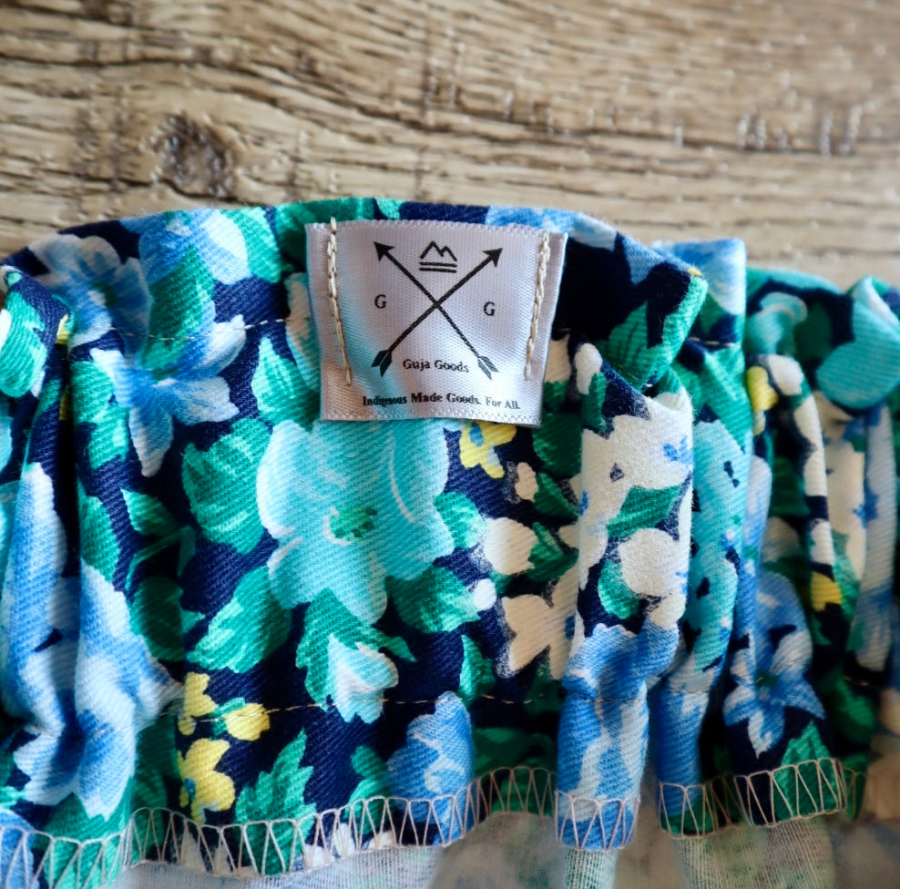 Handmade Ceremony, Casual Ribbon Skirt: Fire Tones, Blue Floral Print, Custom Waist *up to 50 inches* (enter desired sizes waist size “inches” or Dress/Pants size in order notes)