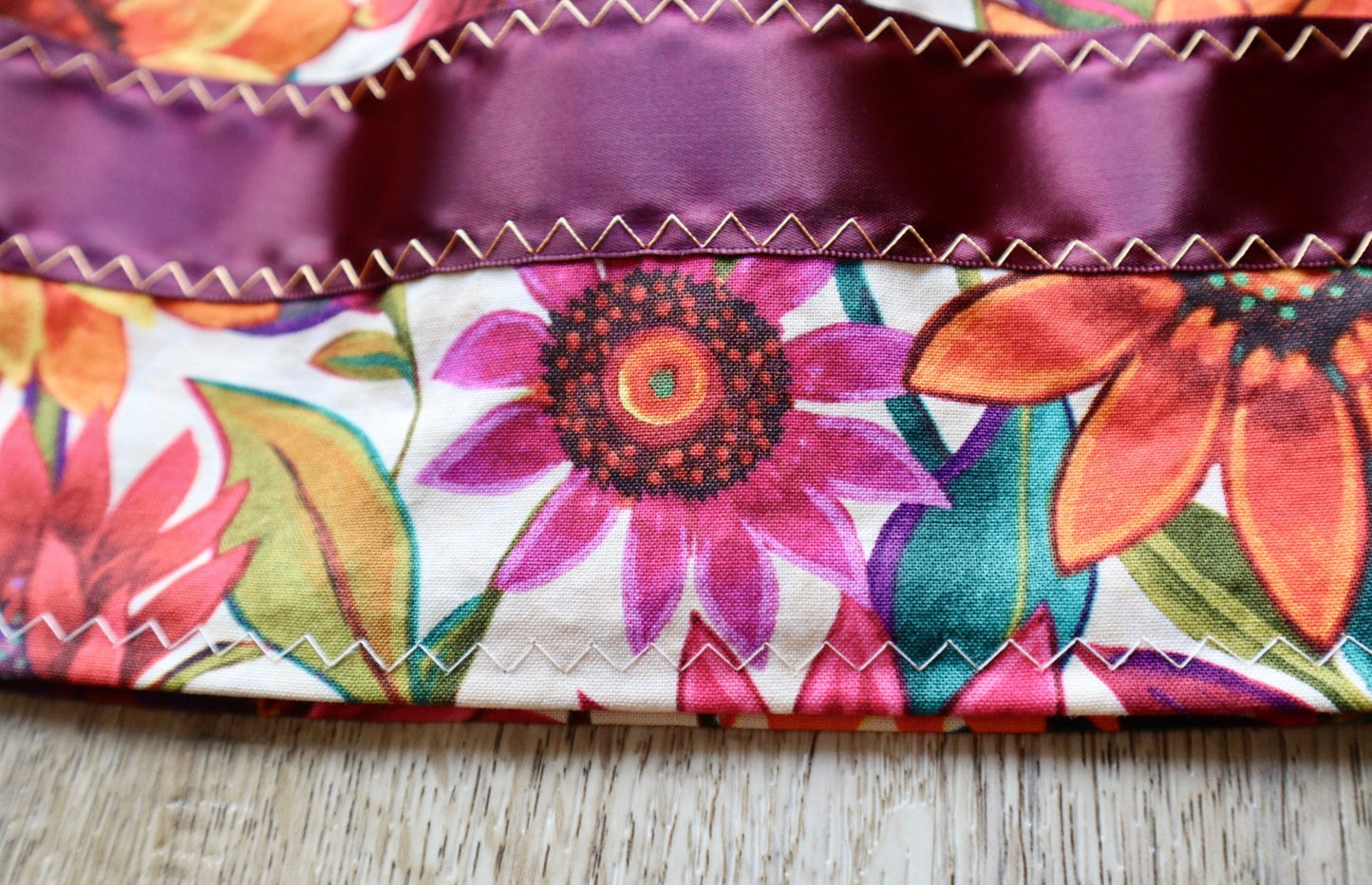 Handmade Ribbon Skirt, Child Size 6-8 Maroon Orange Ombre Oversized Sunflower Floral Print Premium Cotton, OOAK Indigenous Made Clothing