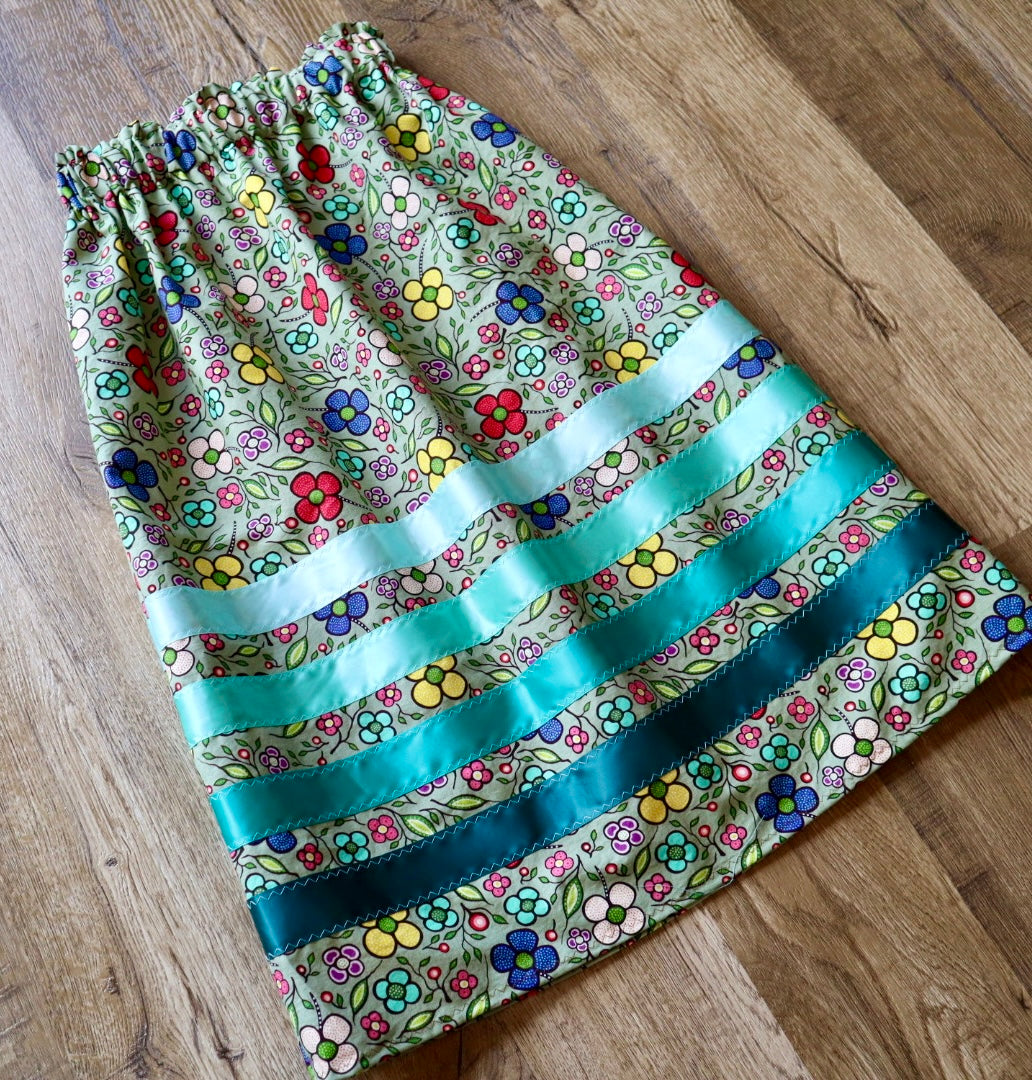 Handmade Ribbon Skirt, Youth Size 8-10 Sage Green Floral Print Premium Cotton, Turquoise Ombre OOAK Indigenous Made Clothing