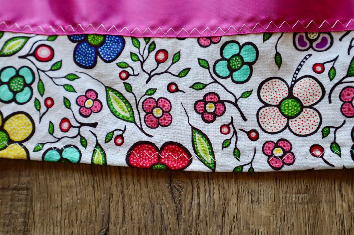 Handmade Ribbon Skirt, Child Size 4-6 Turquoise Pink Ombre Ivory Multi Coloured Floral Print Premium Cotton, OOAK Indigenous Made Clothing