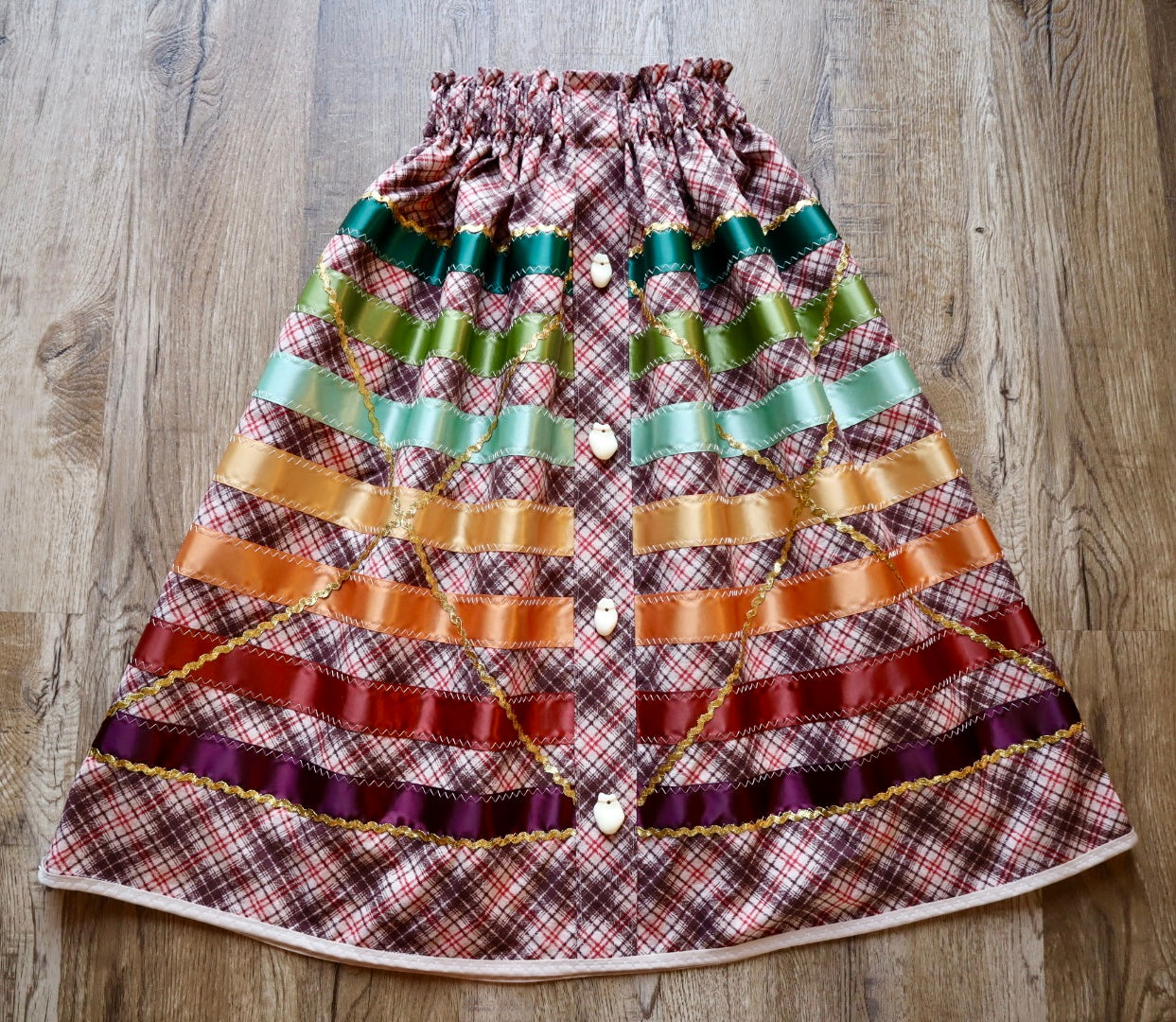 Couture Ribbon Skirt: Brown and Red Plaid Cotton with Faux Elk Teeth “Buttons”*up to 50 inches* (enter desired waist size “inches” or Dress/Pants size in order notes)