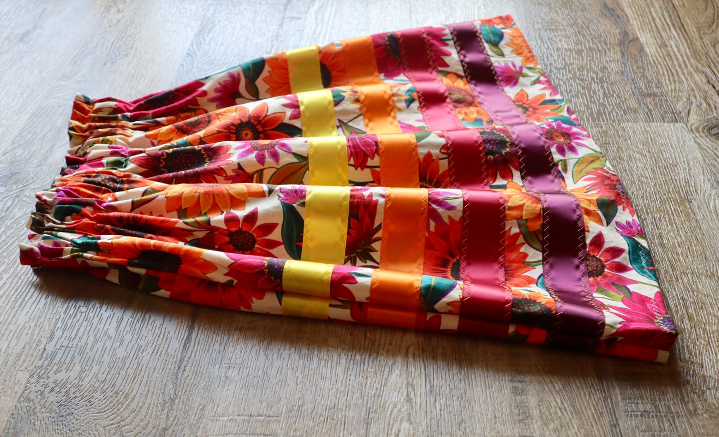 Handmade Ribbon Skirt, Child Size 6-8 Maroon Orange Ombre Oversized Sunflower Floral Print Premium Cotton, OOAK Indigenous Made Clothing
