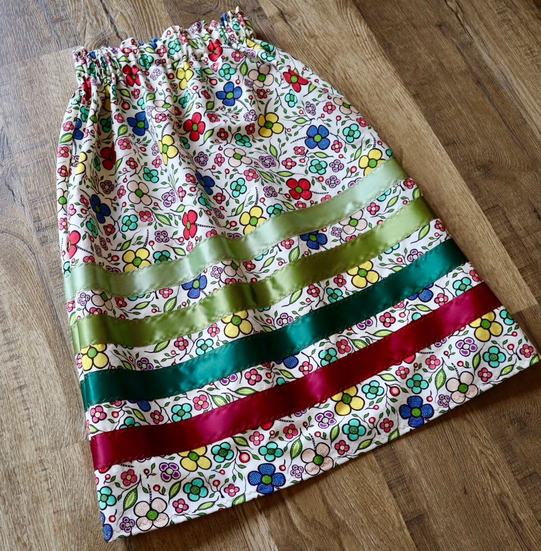 Handmade Ribbon Skirt, Child Size 7-9 Ivory Rose Green Floral Print Premium Cotton, OOAK Indigenous Made Clothing